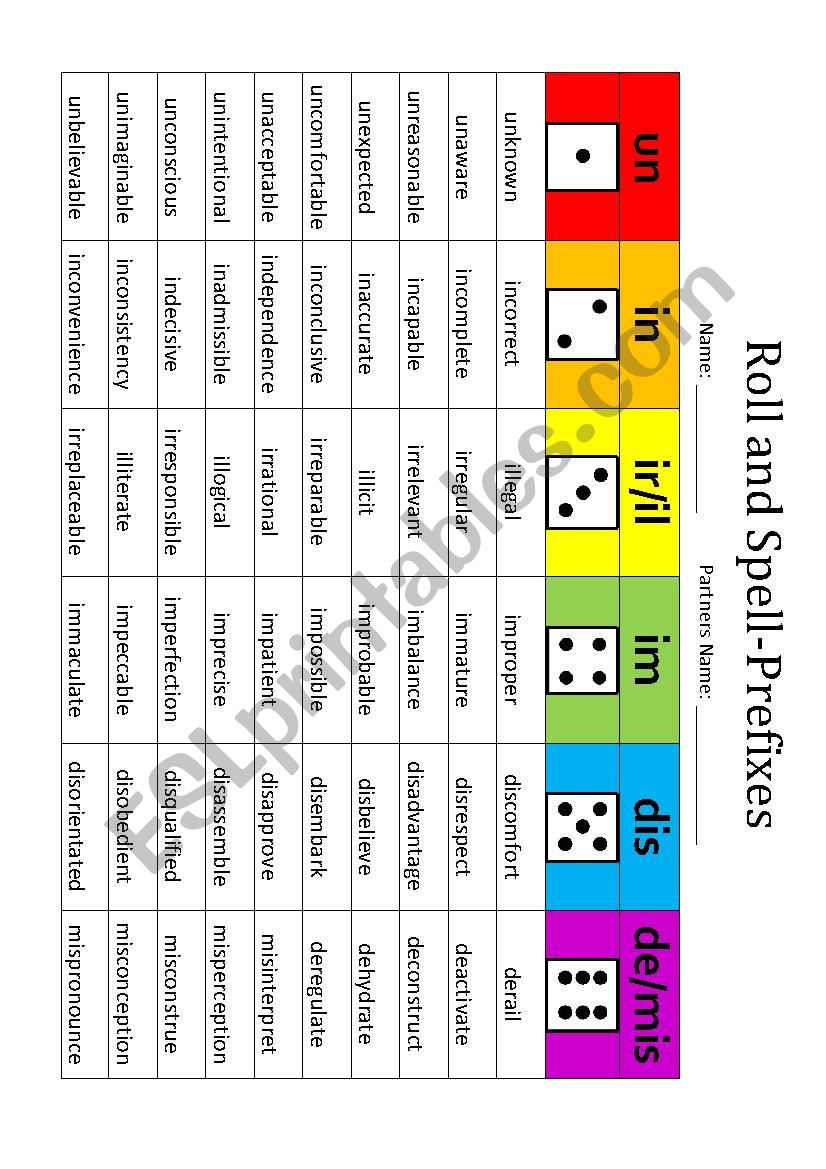 Roll and Spell Prefixes worksheet