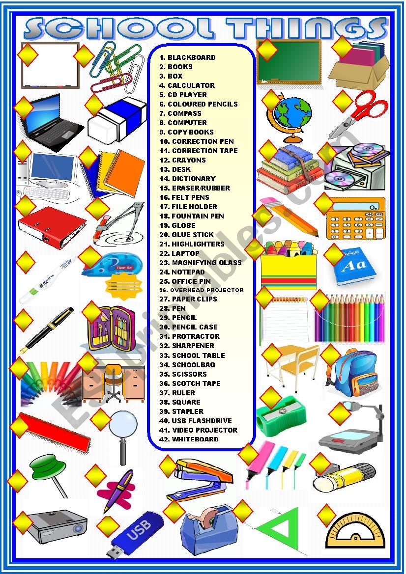 School things : matching worksheet