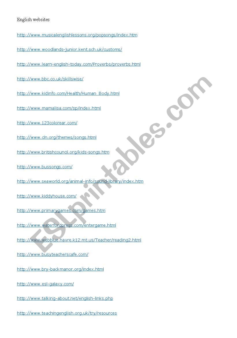 English Websites worksheet