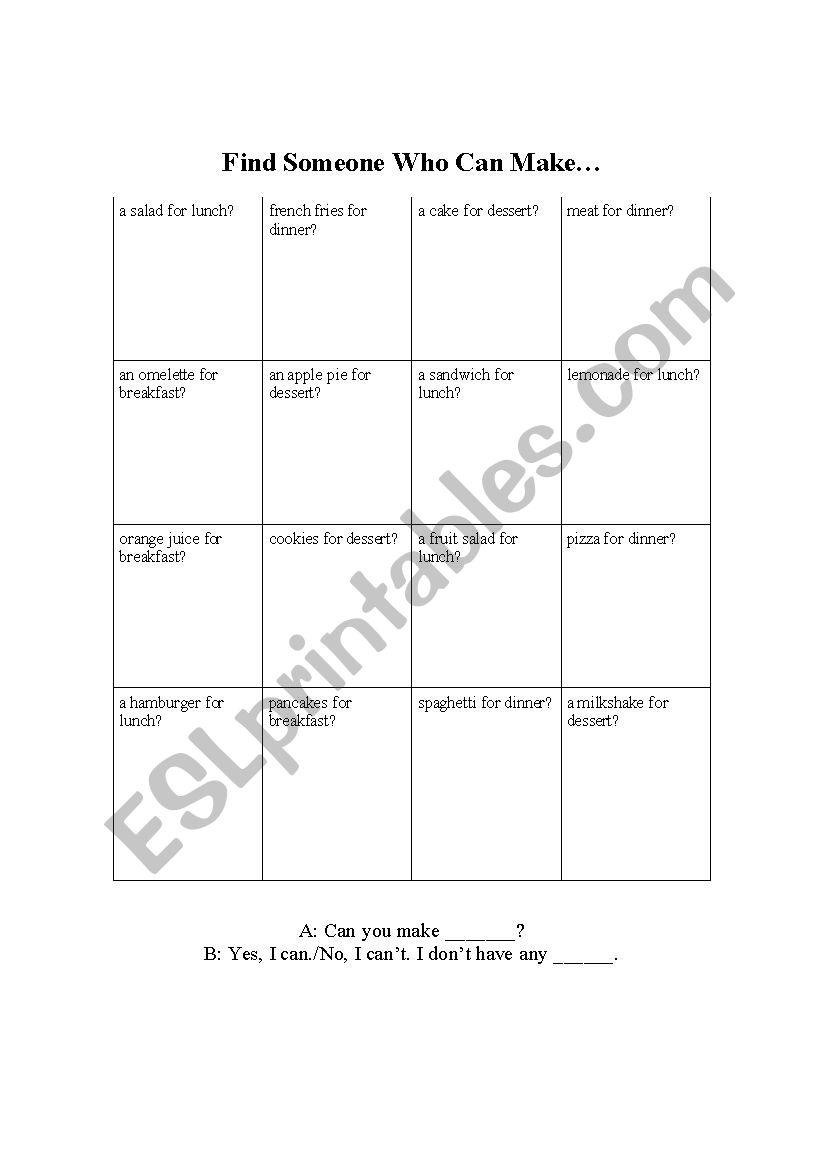 Hello Bingo Food worksheet