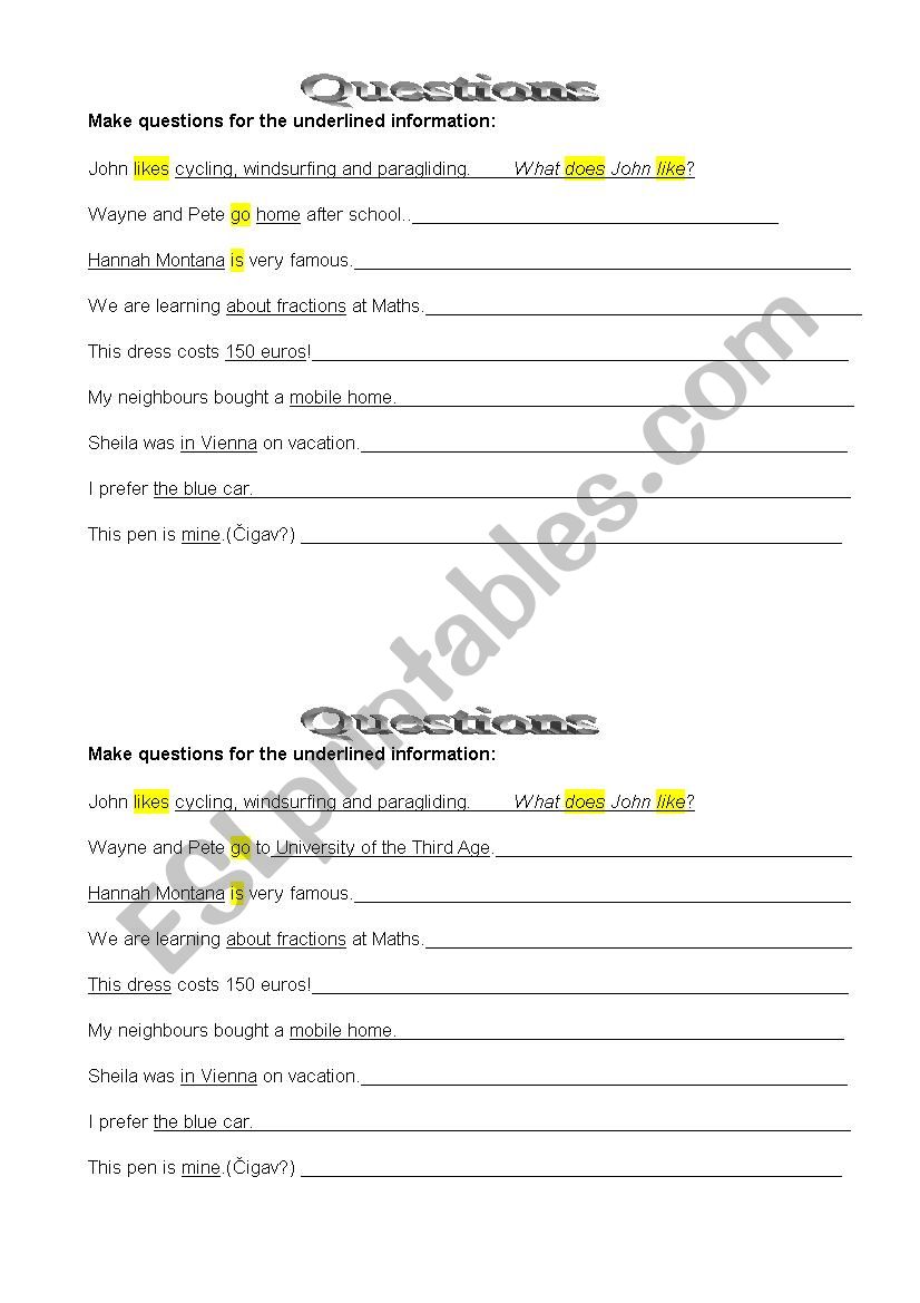 Forming questions worksheet