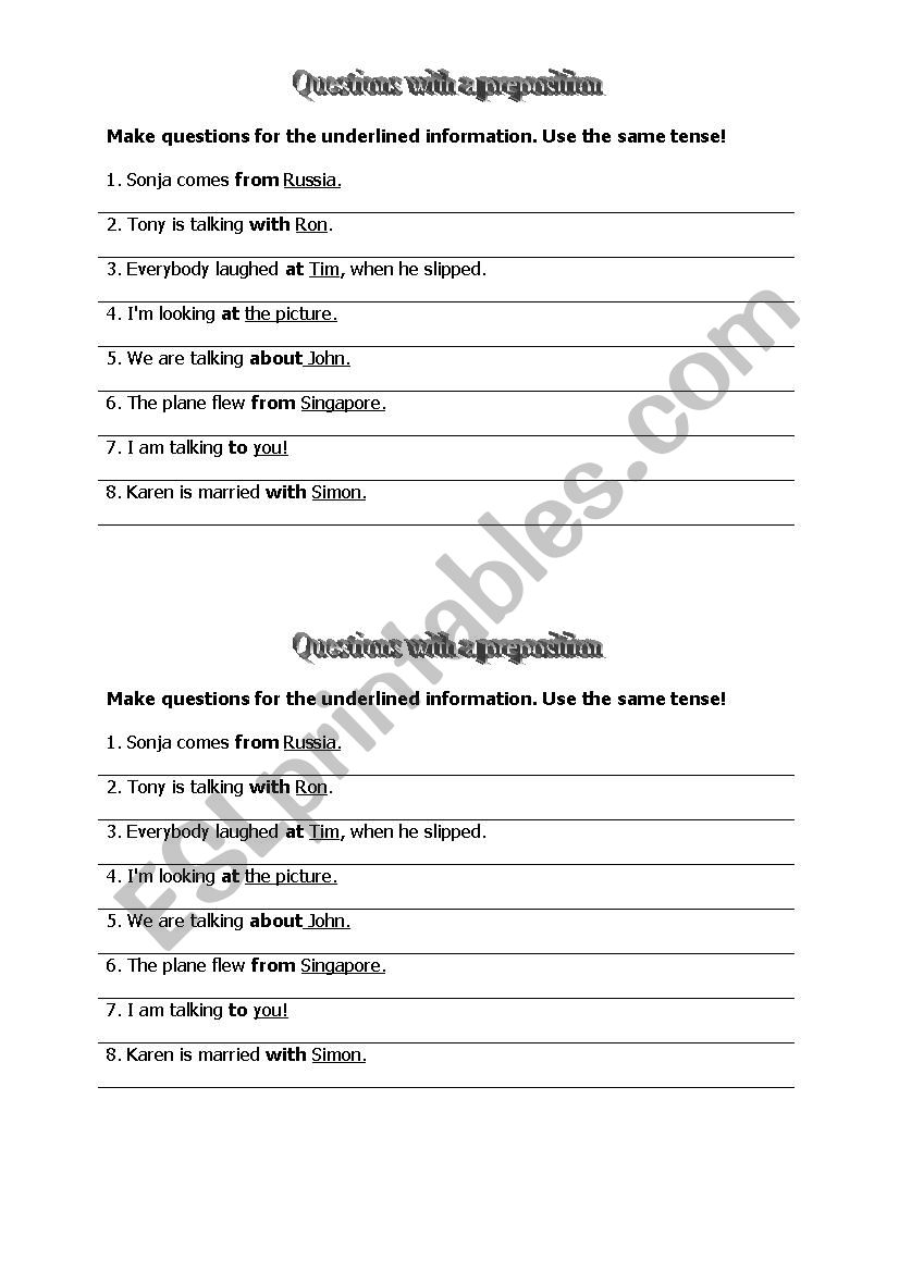 Questions with a preposition worksheet