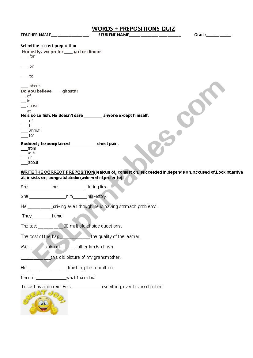 WORDS + PREPOSITIONS ENGLISH QUIZ