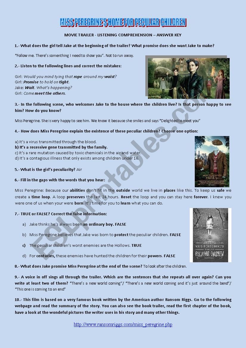 Miss Peregrine S Home For Peculiar Children Movie Trailer Listening Esl Worksheet By Britania