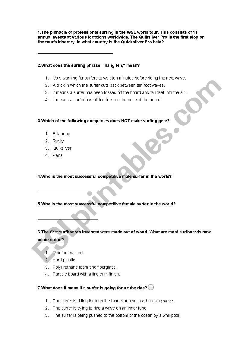 Surfing Trivia worksheet