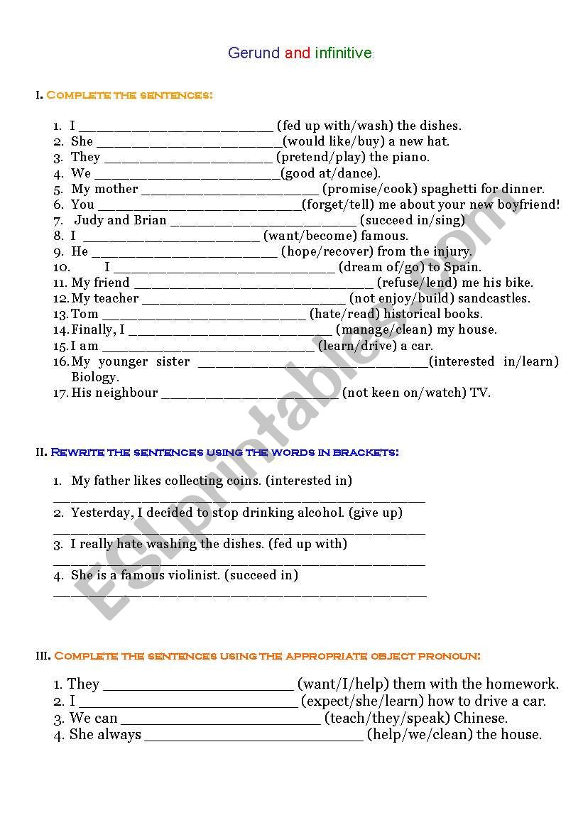 GERUND AND INFINITIVE worksheet