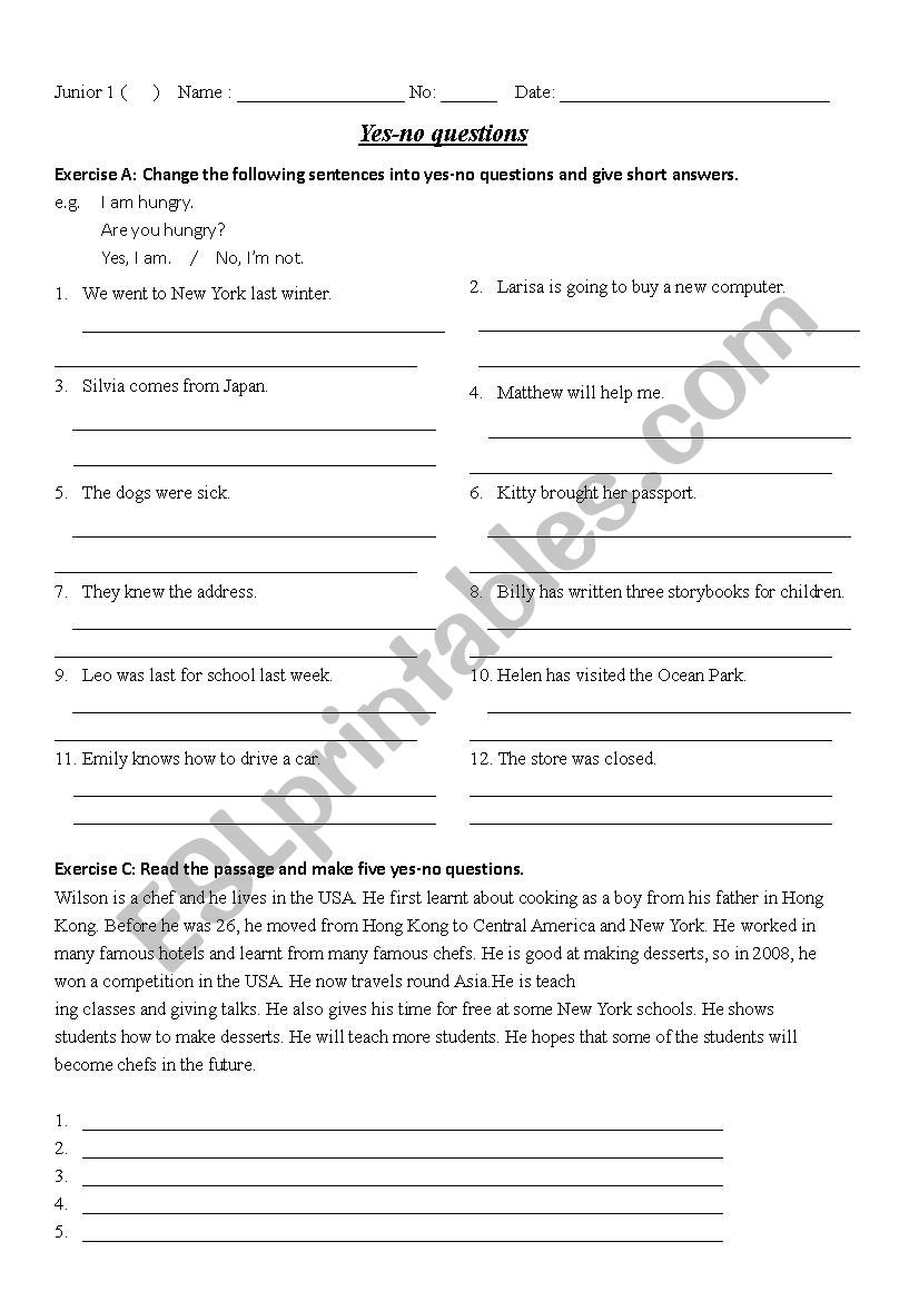Yes-no questions worksheet