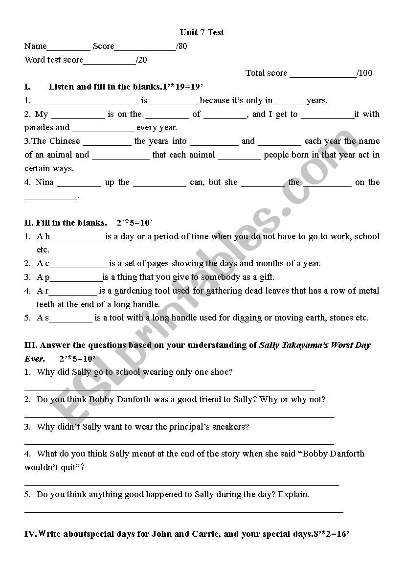 unit test of pase tense  worksheet