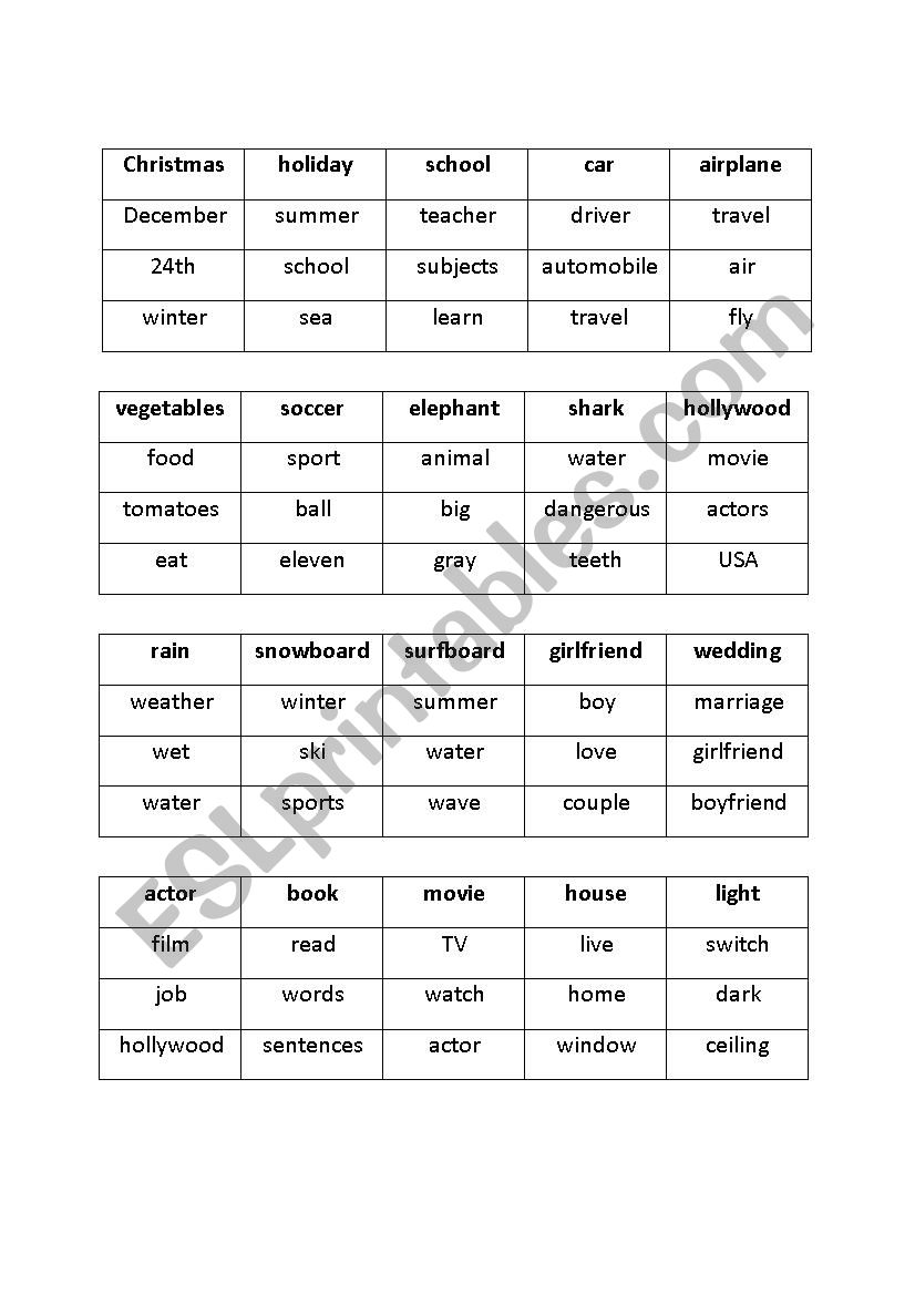 Taboo cards worksheet