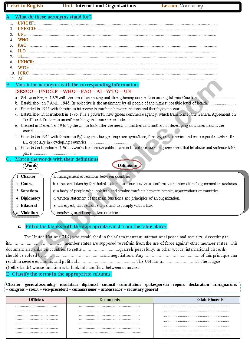 International Organisations worksheet