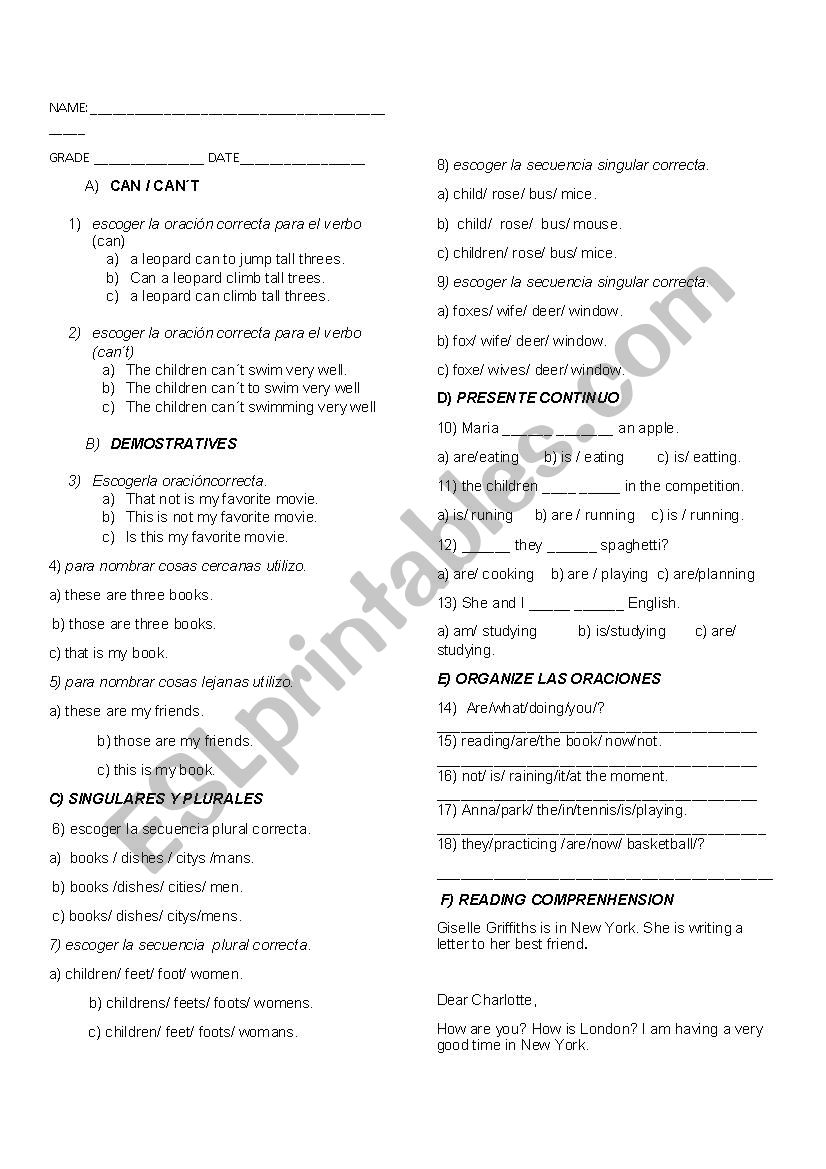 test about can, demostratives, plural and singular nouns, present continuous