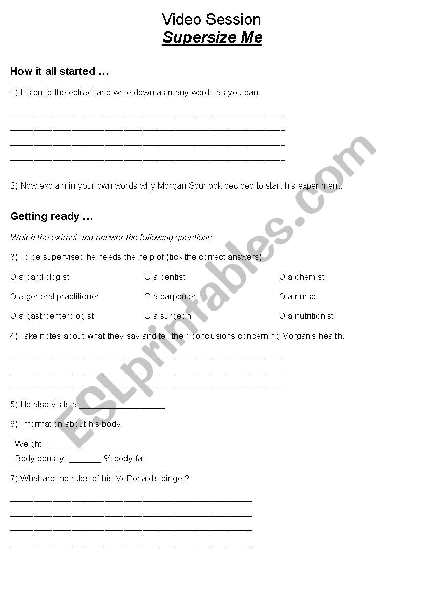 Supersize Me - How it started worksheet