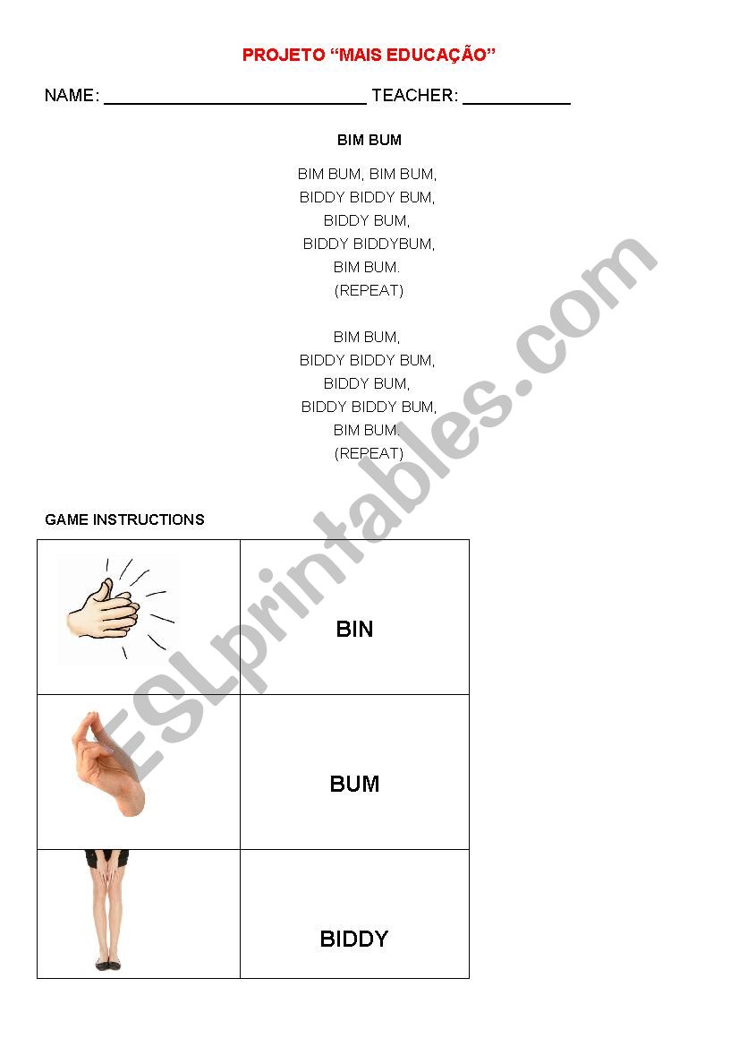 BIM BUM worksheet