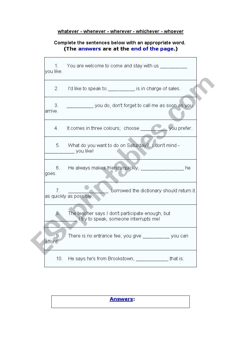 Whatever Whichever Whoever worksheet