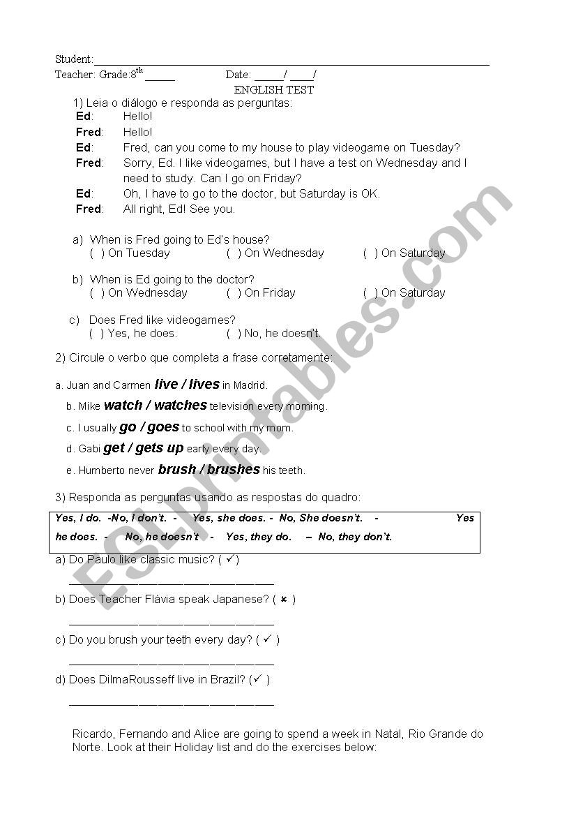 SIMPLE PRESENT TEST worksheet