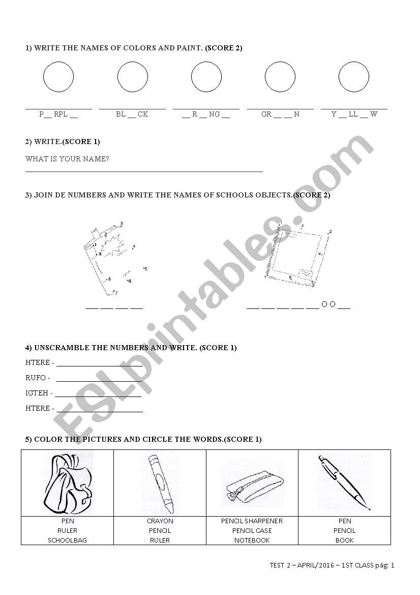 English Test 2 for 1st Grade - 1B