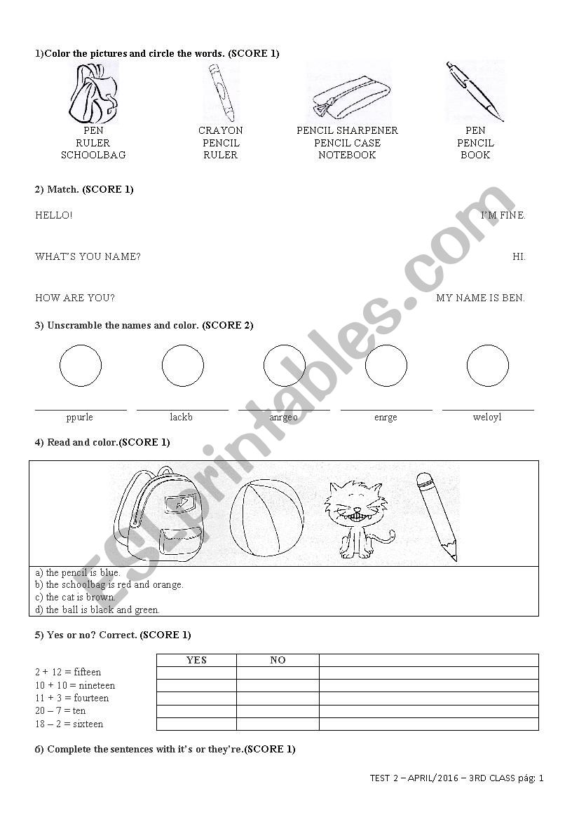 English Test 2 for 3rd Grade - 1B