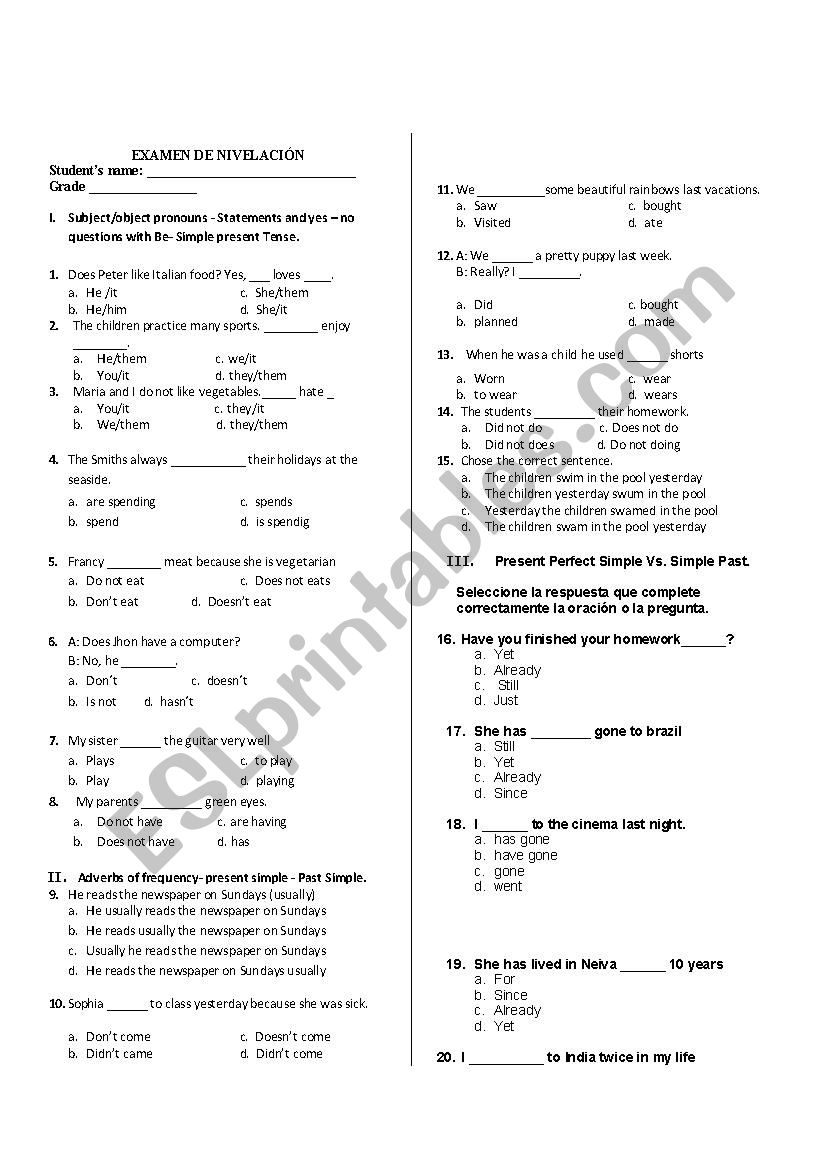 English test worksheet