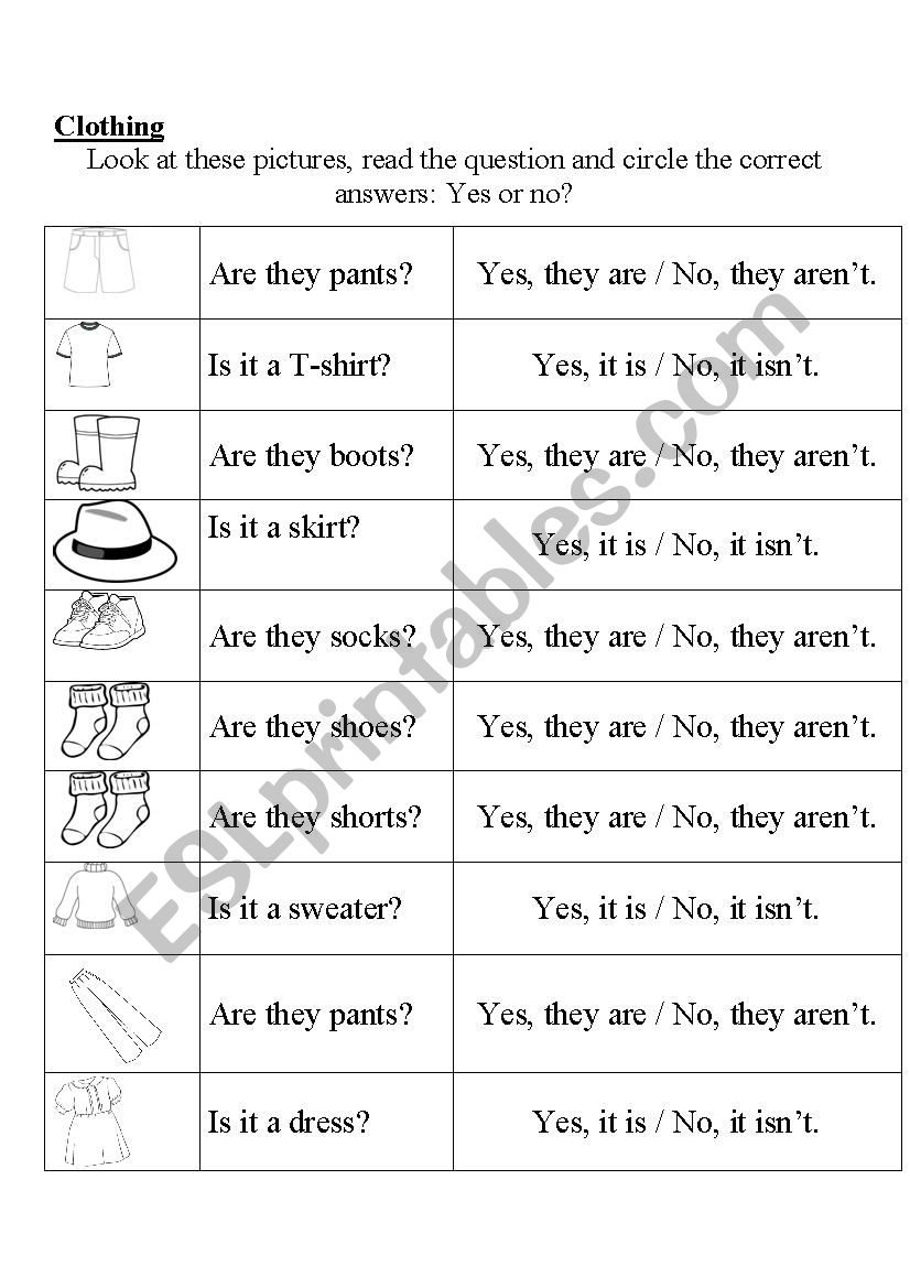 clothes worksheet