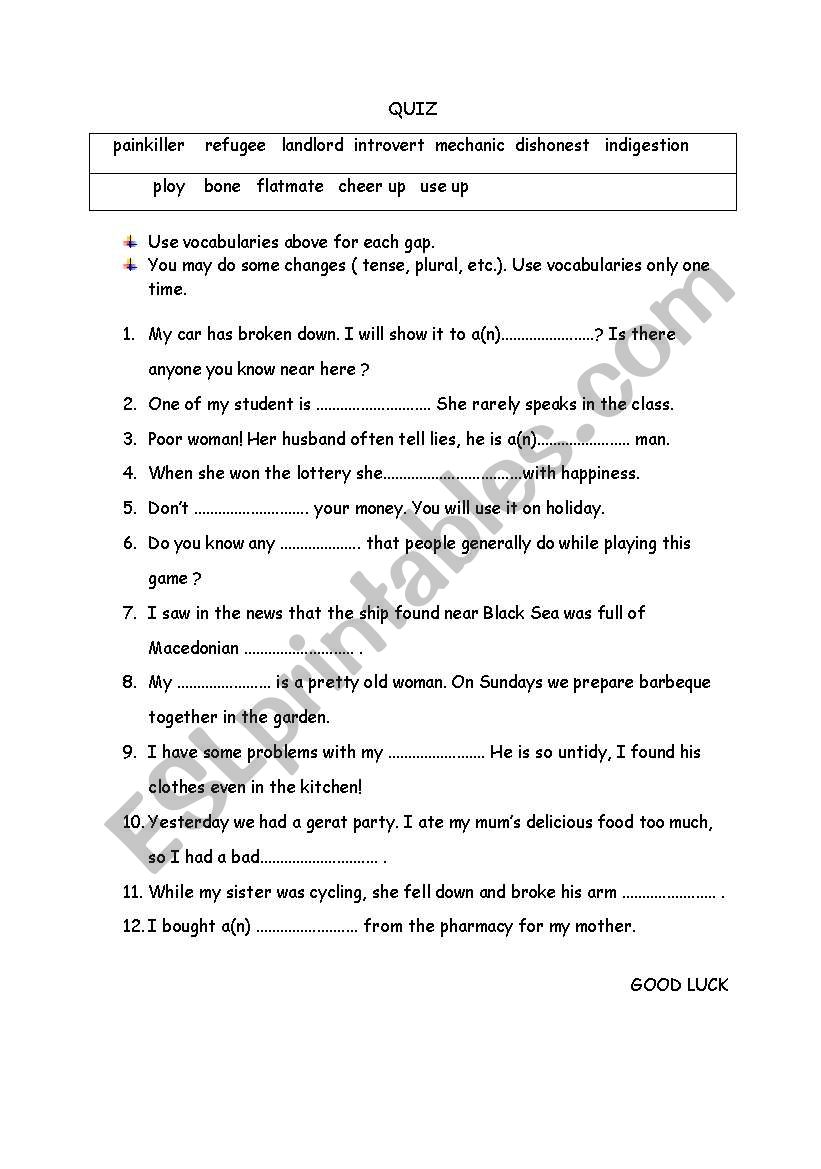 vocabulary quiz worksheet