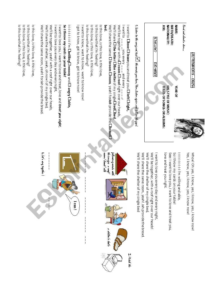 bob marleys I wanna Love you worksheet