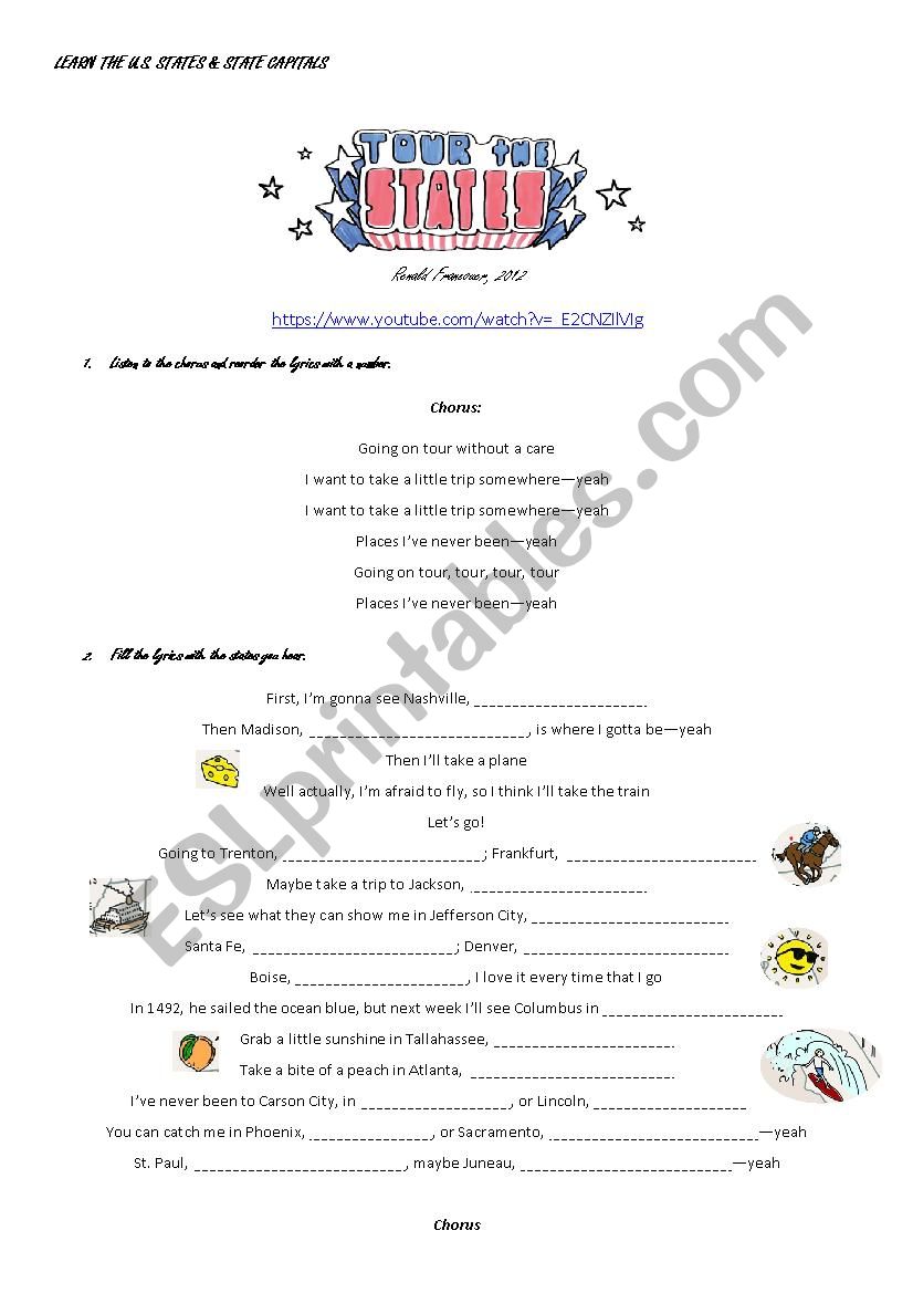 Tour the states song worksheet