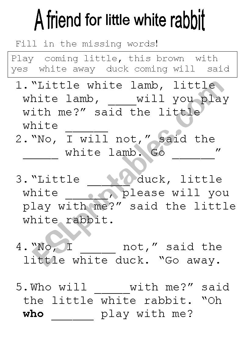  a freind for little white rabbit. PM reader worksheet level 7