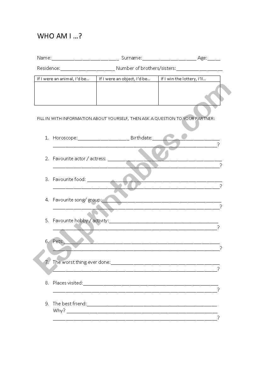 Personal Information worksheet