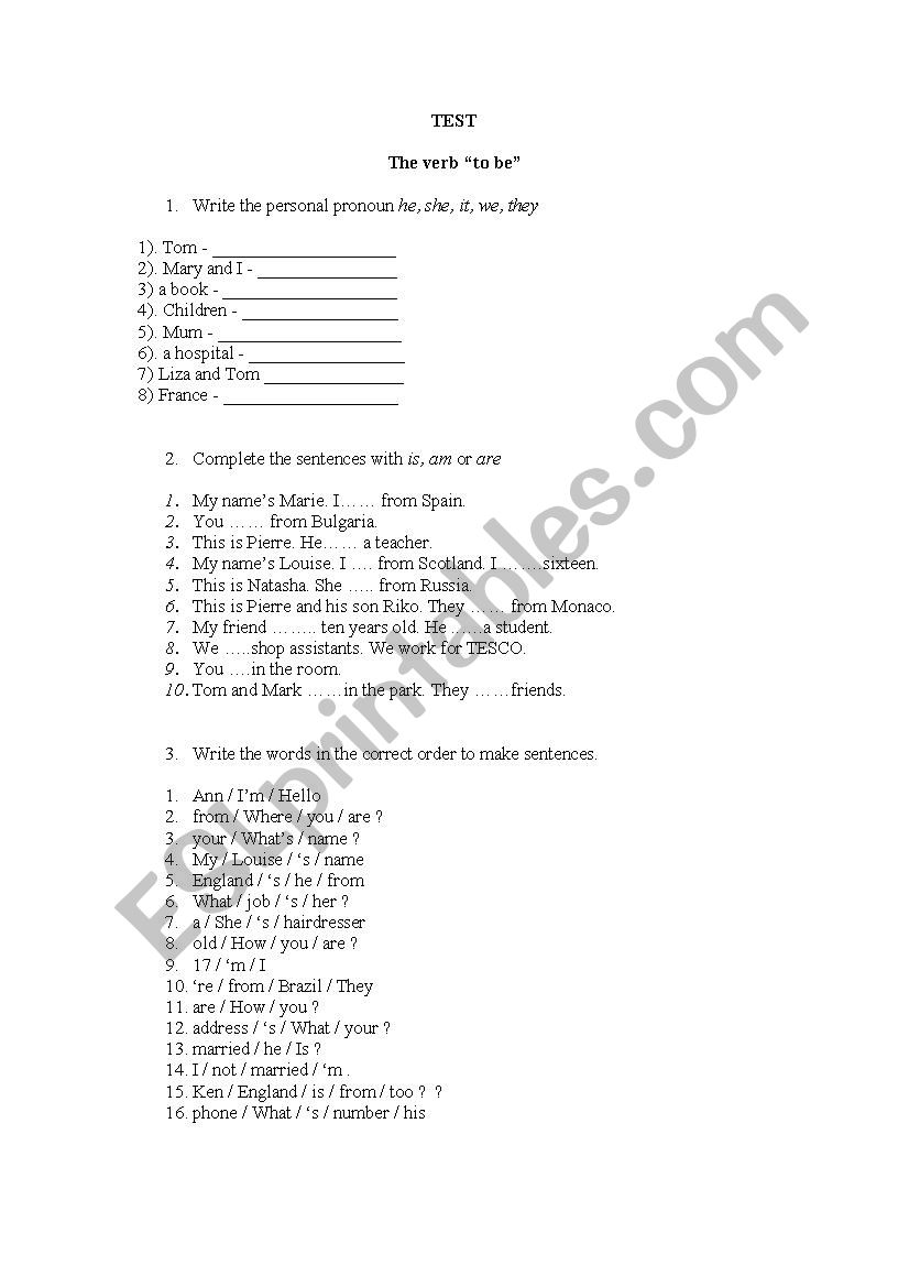 Verbe BE worksheet