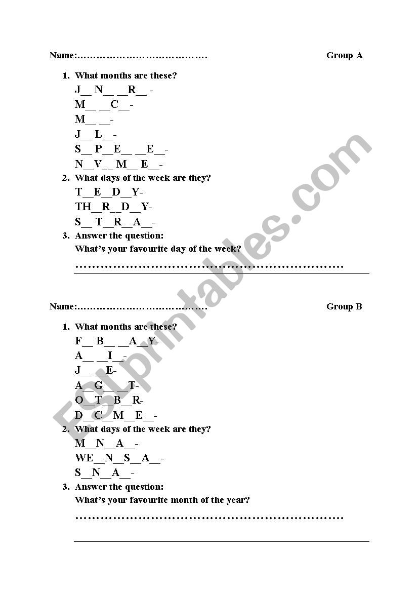 Days and months a short test worksheet