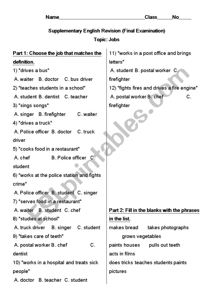 Jobs worksheet