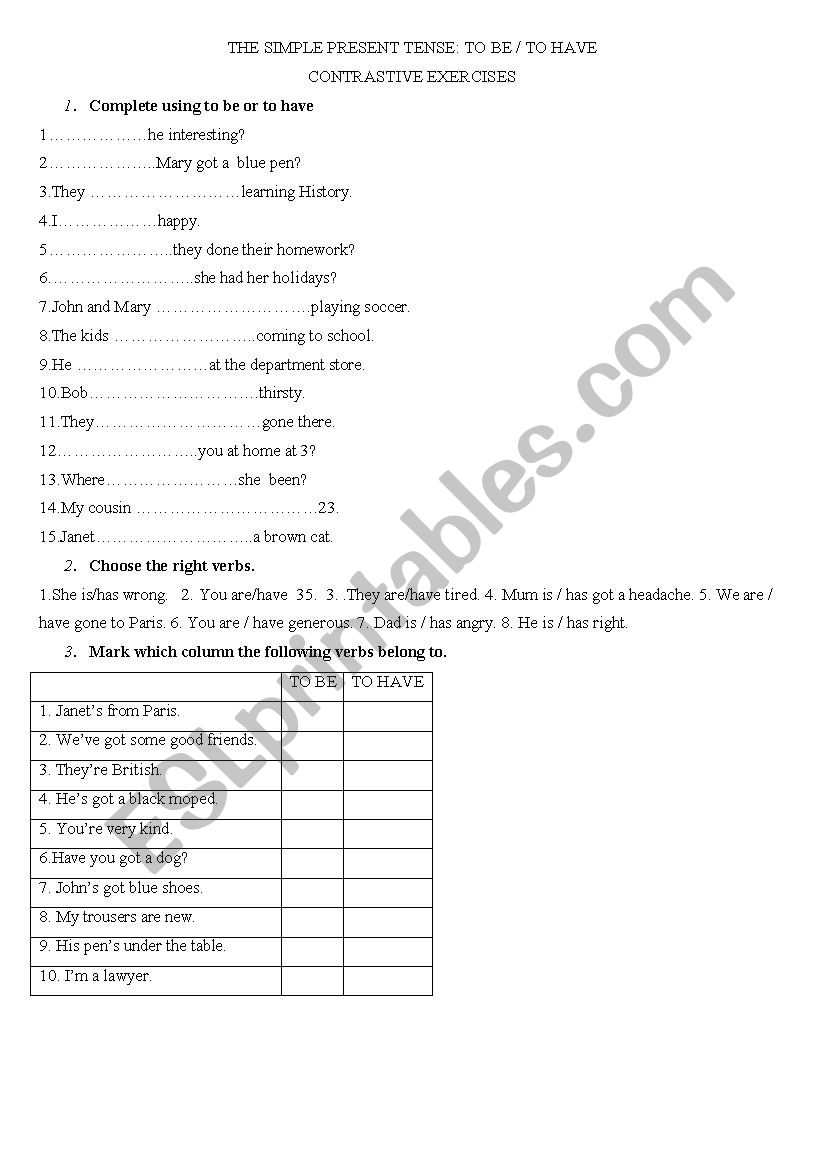 BE / HAVE: SIMPLE PRESENT. CONTRASTIVE EXERCISES