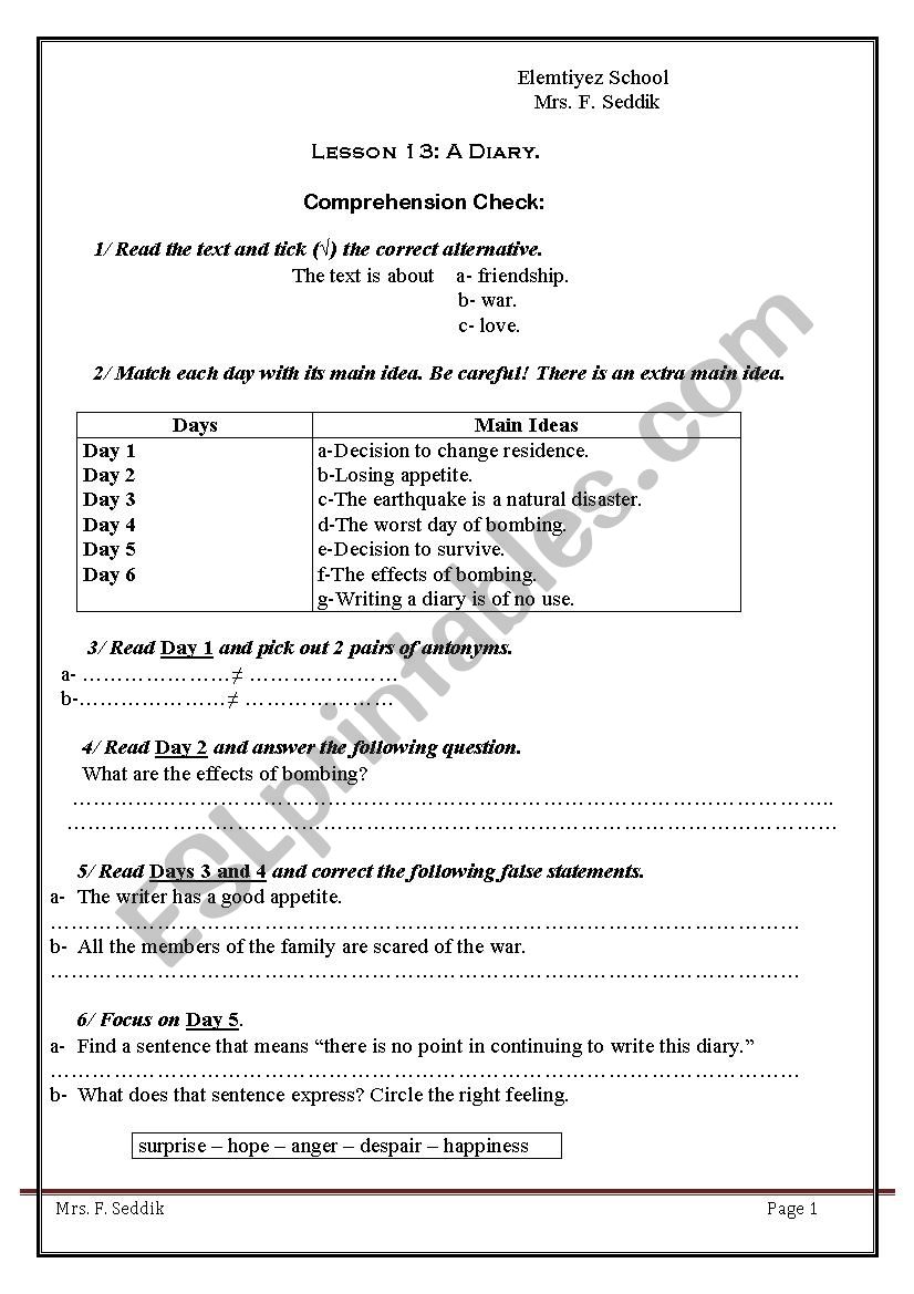 lesson 13 a diary worksheet lesson 13 a diary worksheet