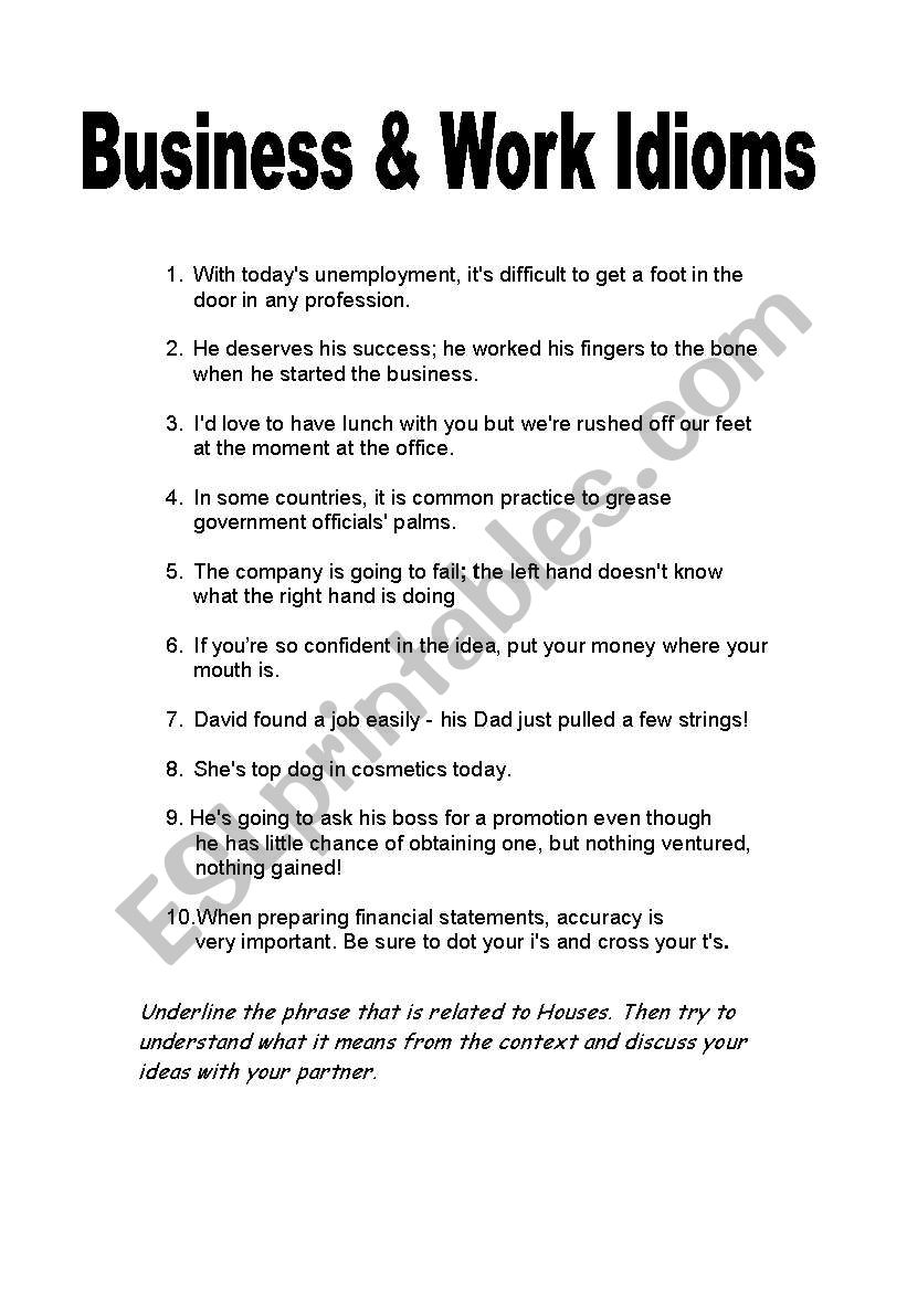 Business and Work Idioms worksheet and discussion