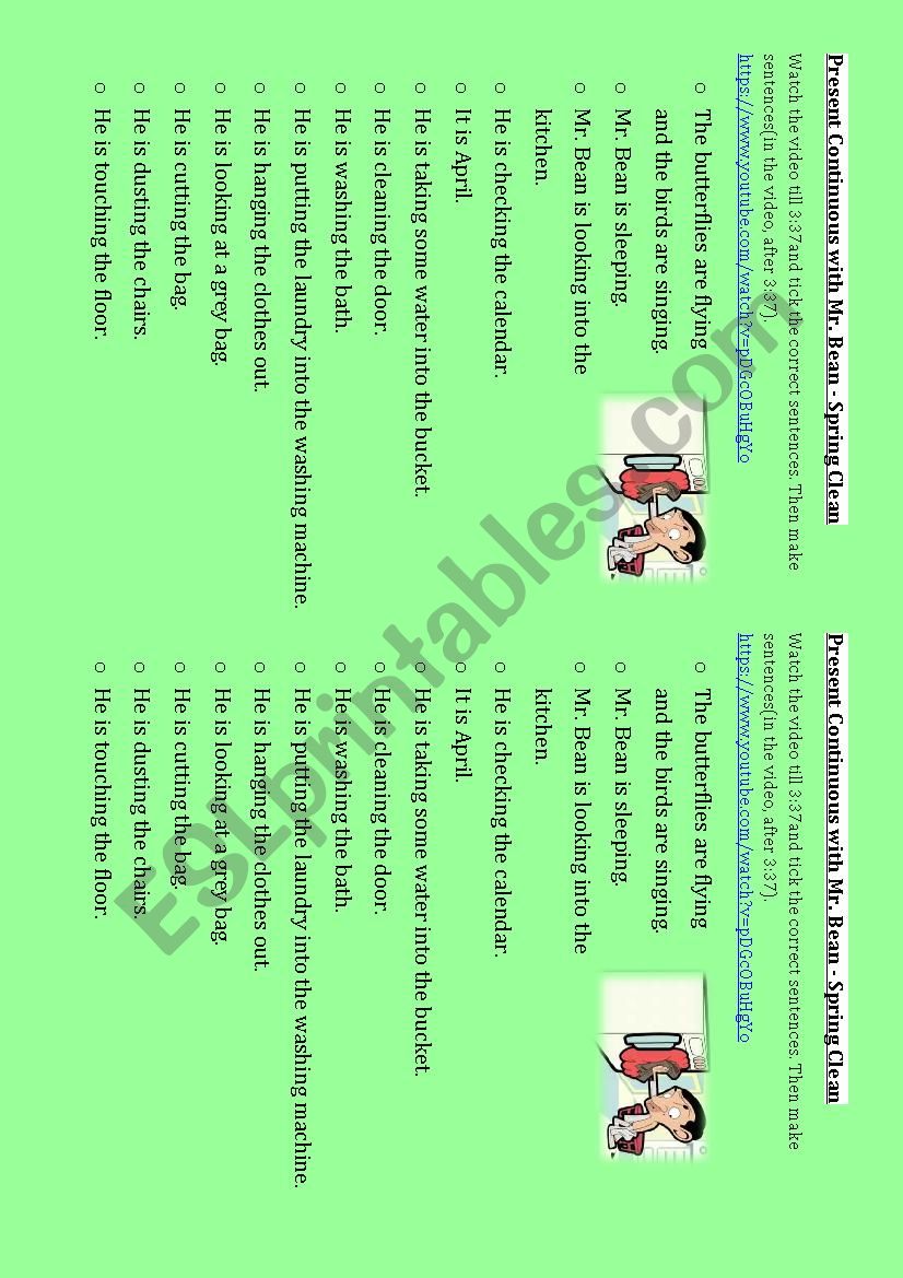 Present Coninuous with Mr. Bean - Spring clean video worksheet 