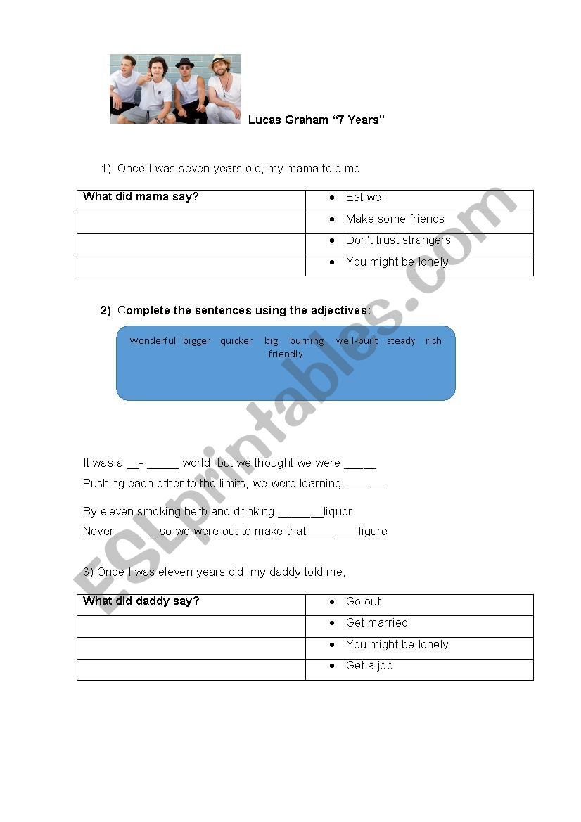 7 Years by Lucas Graham worksheet