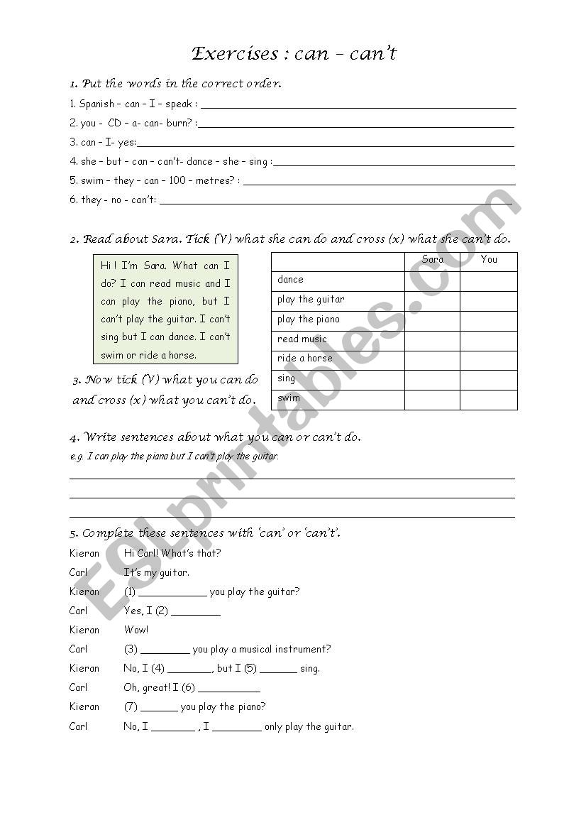Exercises : can  worksheet