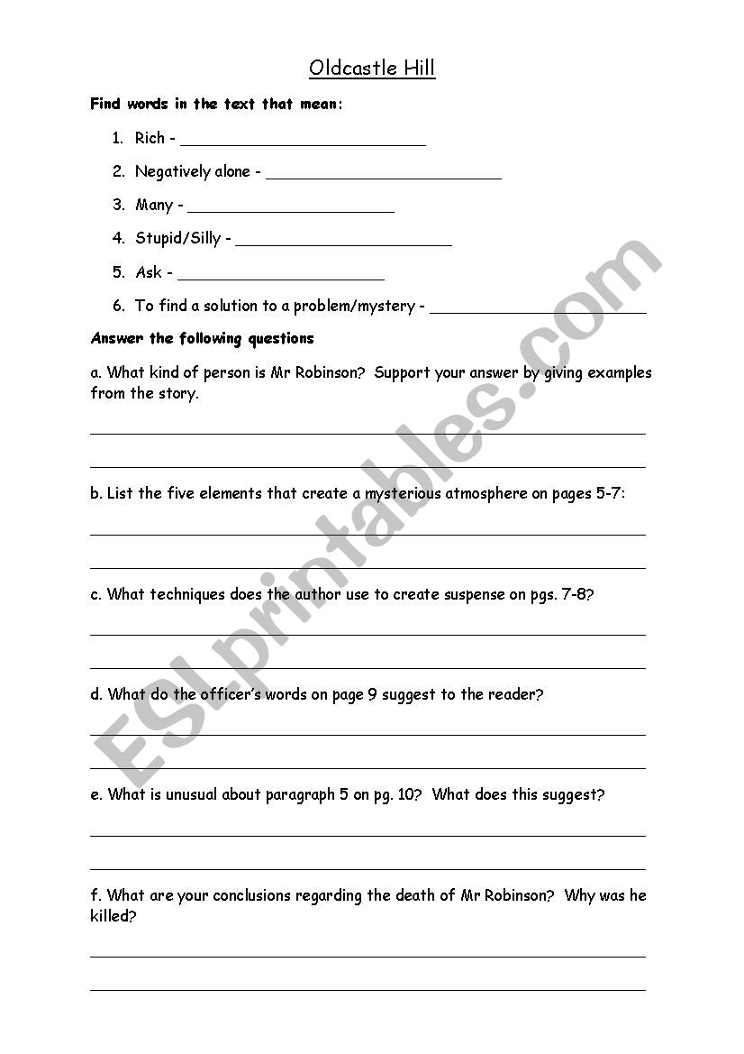 Worksheet for Oldcastle Hill from the book 8 Ghost stories