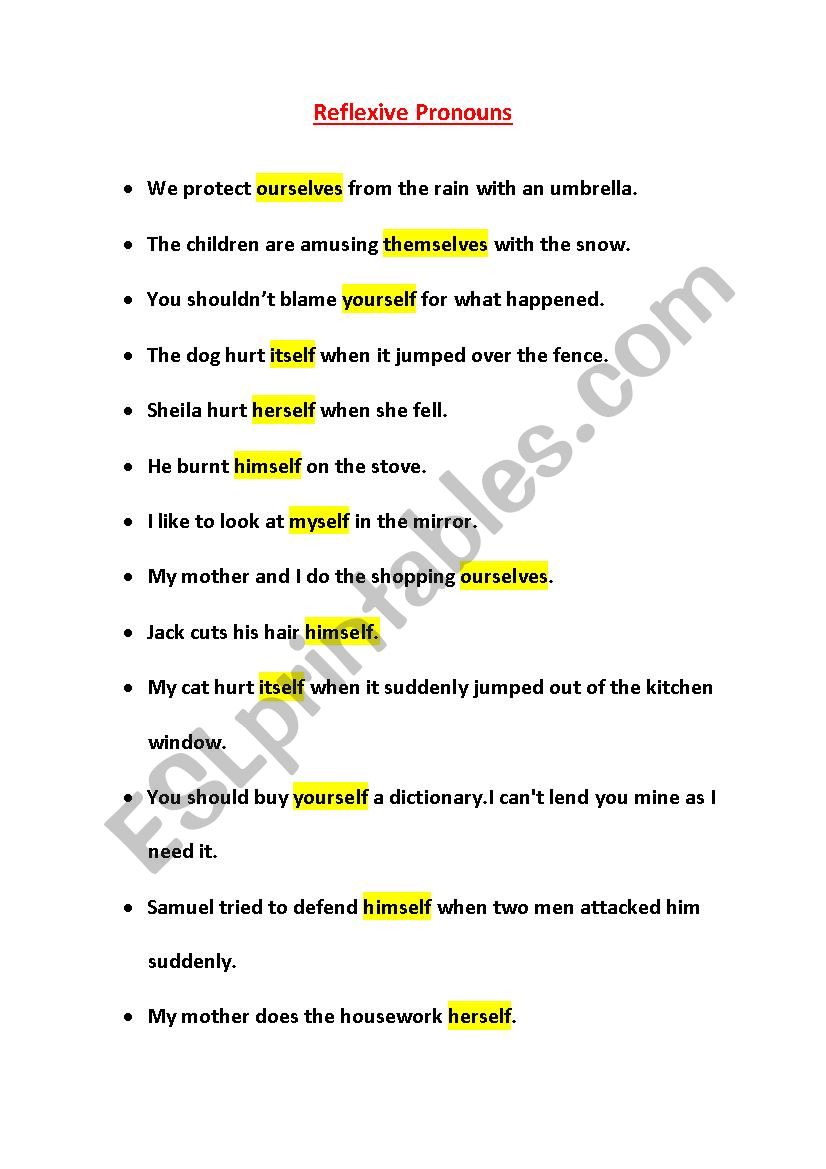 reflexive pronoun worksheet