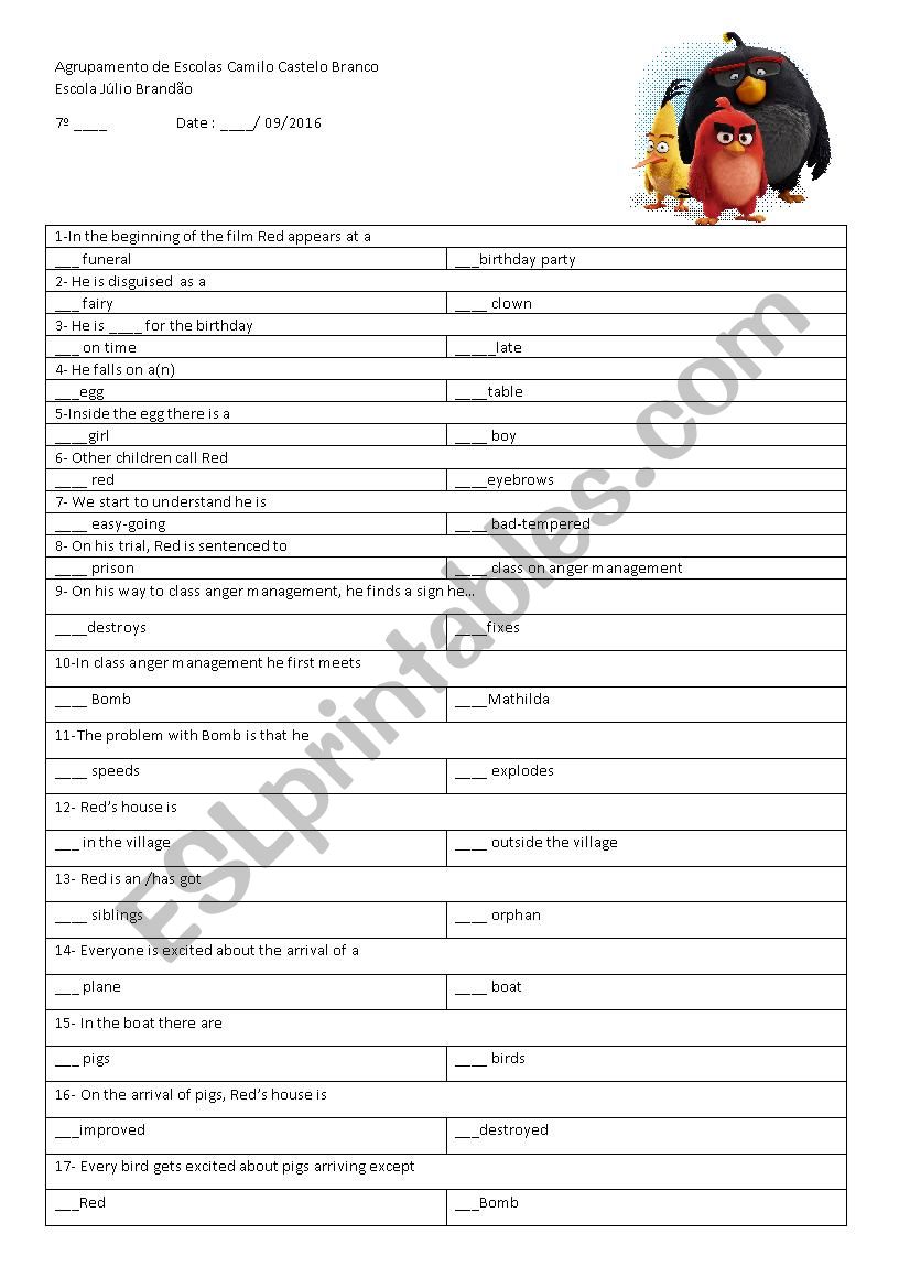 Movie- Angry Birds worksheet