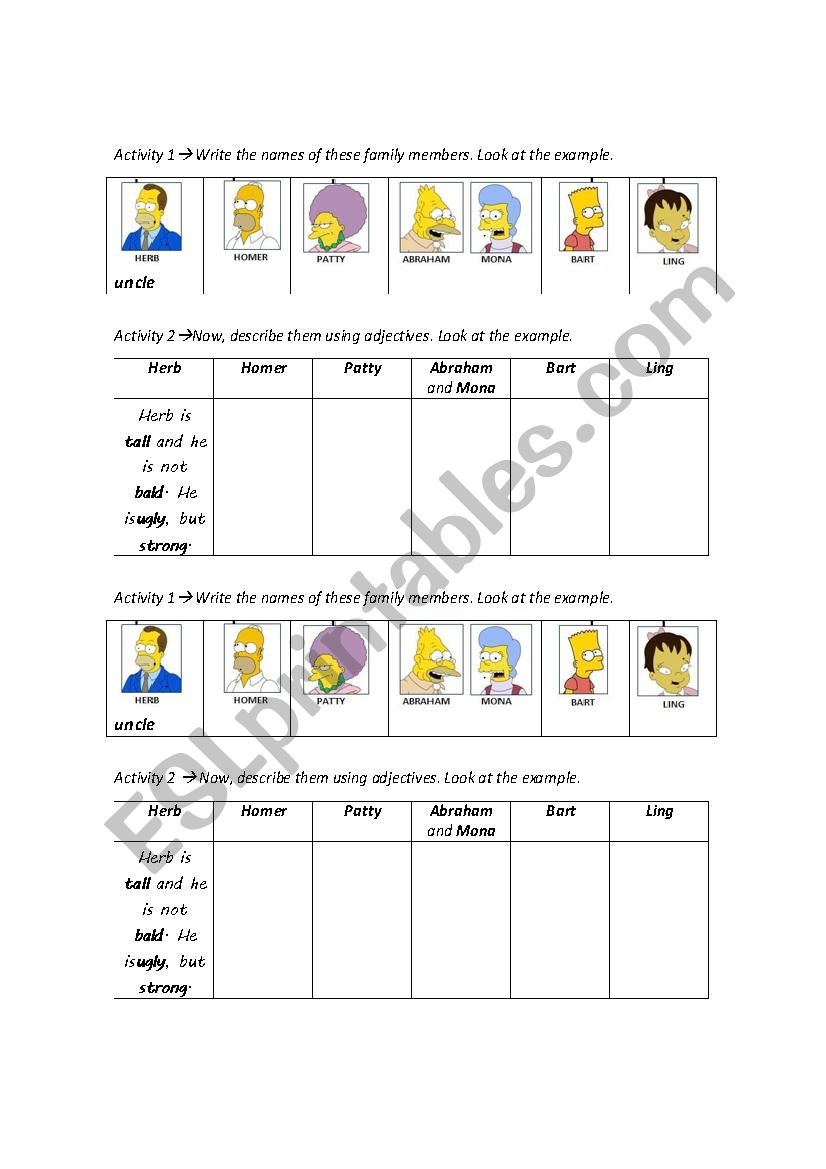 Family members description worksheet