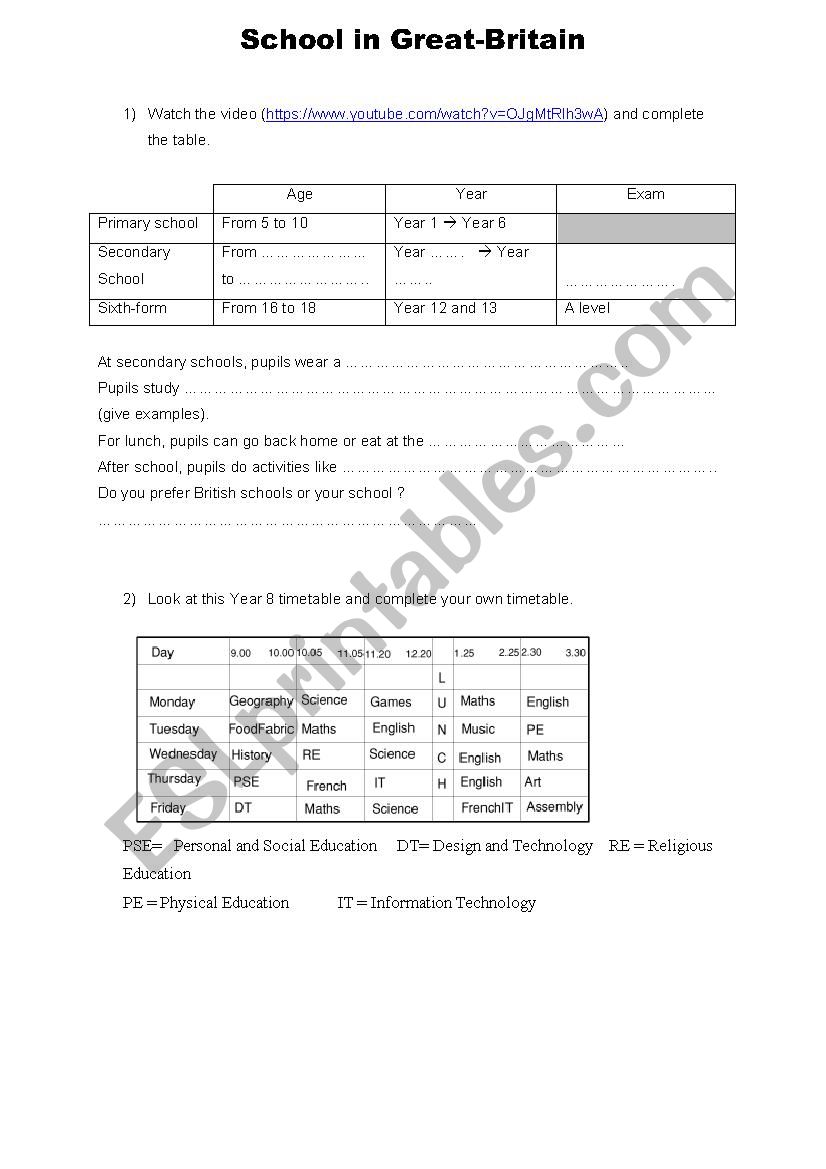 School in Great-Britain worksheet