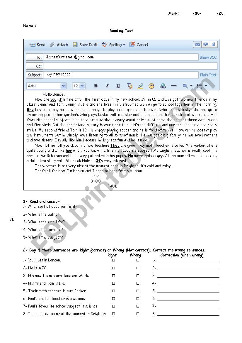 Reading Test worksheet