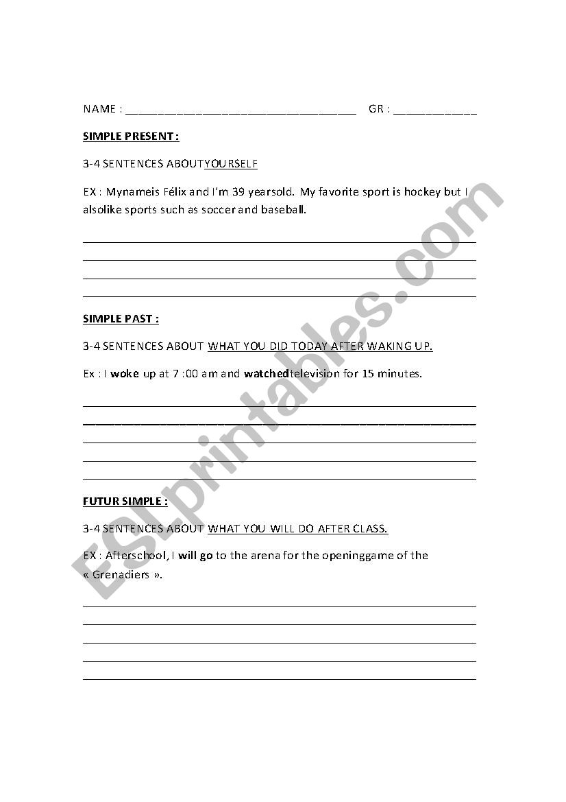 REVISION 3 tenses Writing worksheet