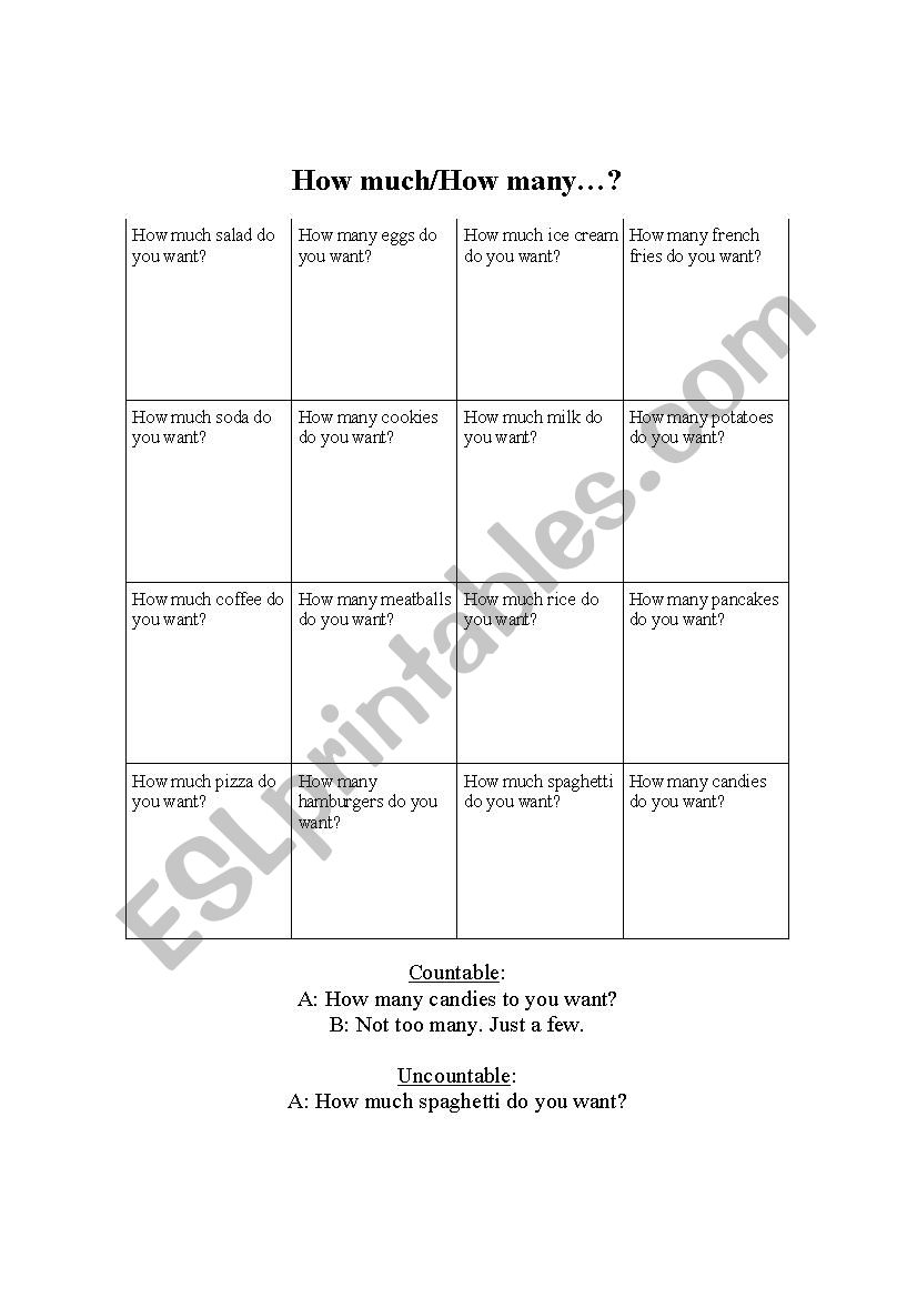 How Much/How Many Hello Bingo worksheet