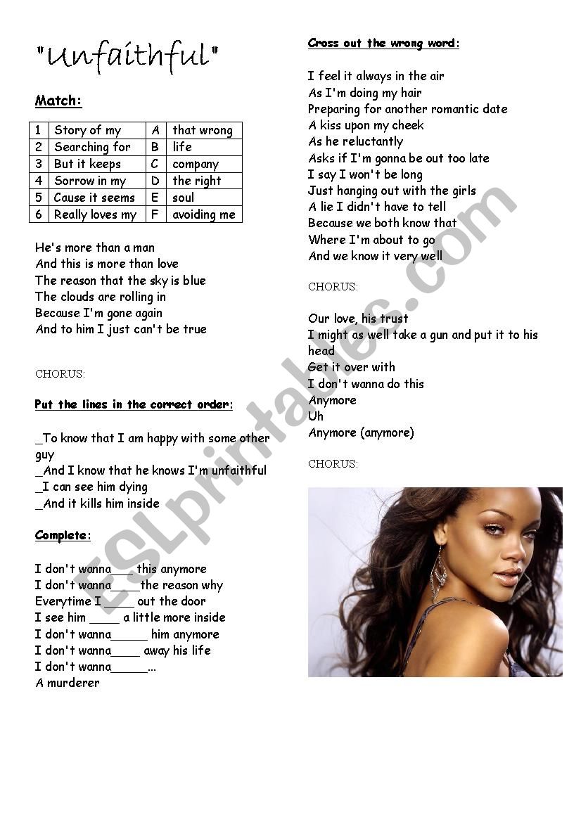 Song Unfaithful worksheet