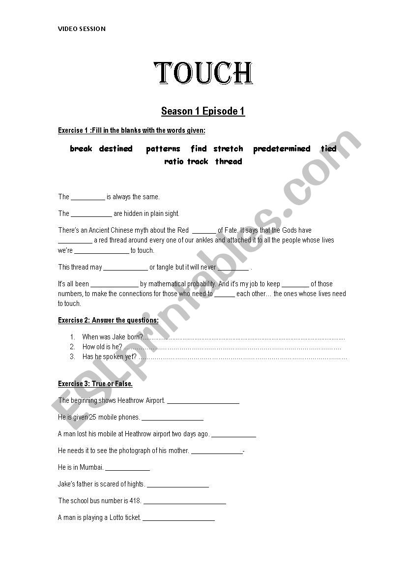 Touch : Episode 1 worksheet