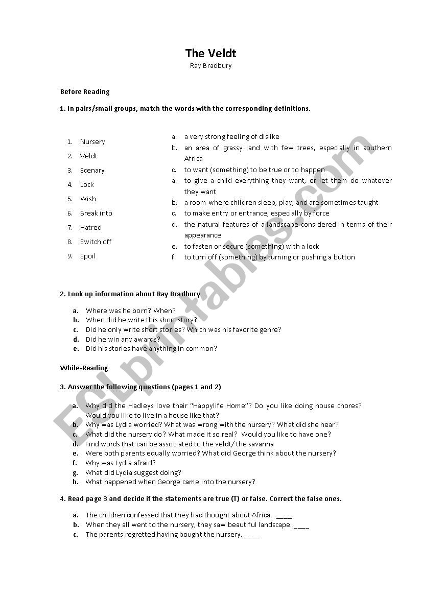 The Veldt- Ray Bradbury worksheet