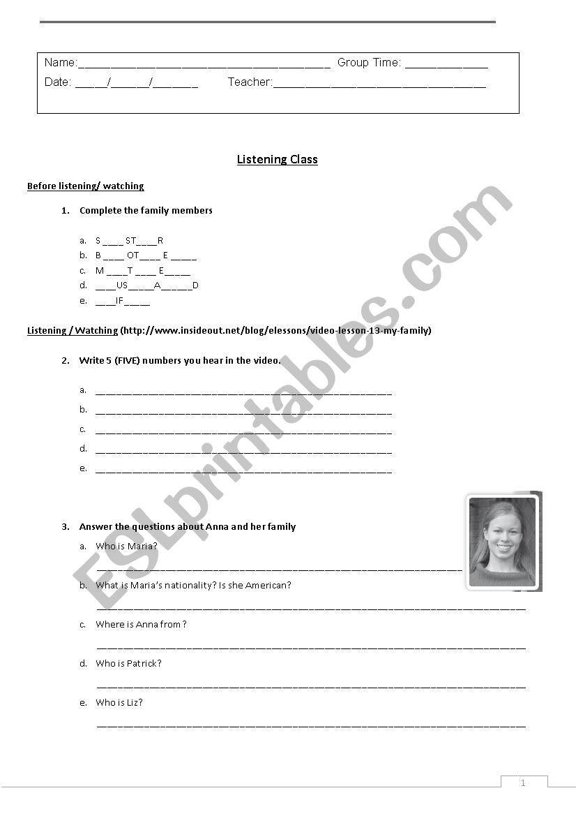 Listening Class with video worksheet