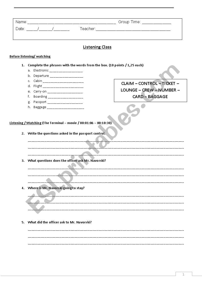 Listening Class THE TERMINAL worksheet